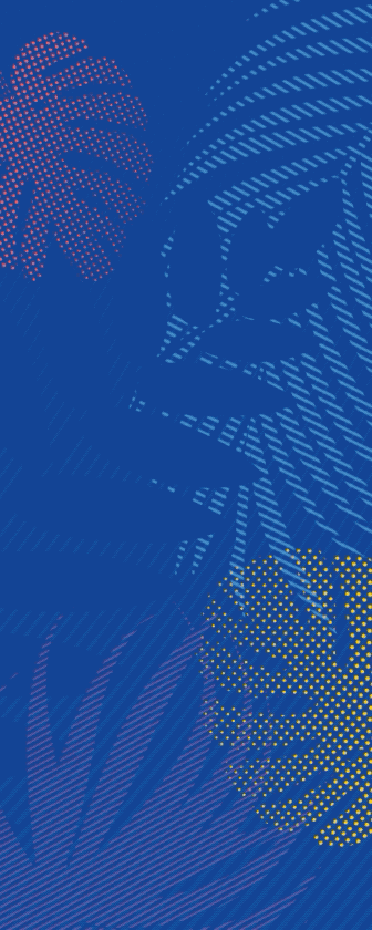 Abstract pattern with leaf shapes and dotted designs in red, yellow, and purple on a blue background.