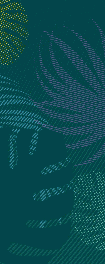 Abstract digital art with layered leaf shapes and dotted patterns in shades of green, purple, and yellow.