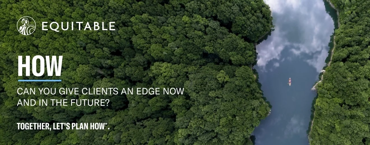 Aerial view of a river winding through a dense forest with a boat sailing on the water. Overlay text reads 'EQUITABLE HOW CAN YOU GIVE CLIENTS AN EDGE NOW AND IN THE FUTURE? TOGETHER, LET'S PLAN HOW'.