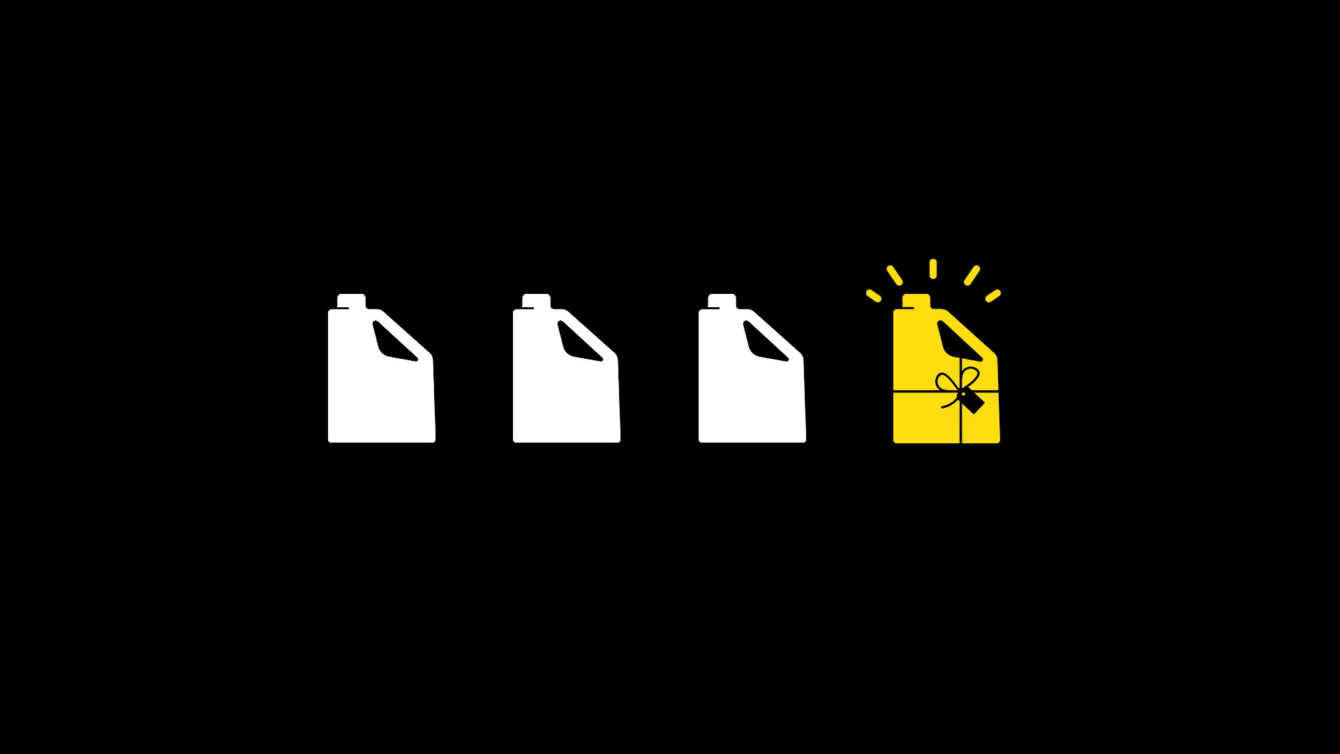 A sequence of four icons showing the progression of a gift box transforming into a yellow gift box with ribbon, radiating light.