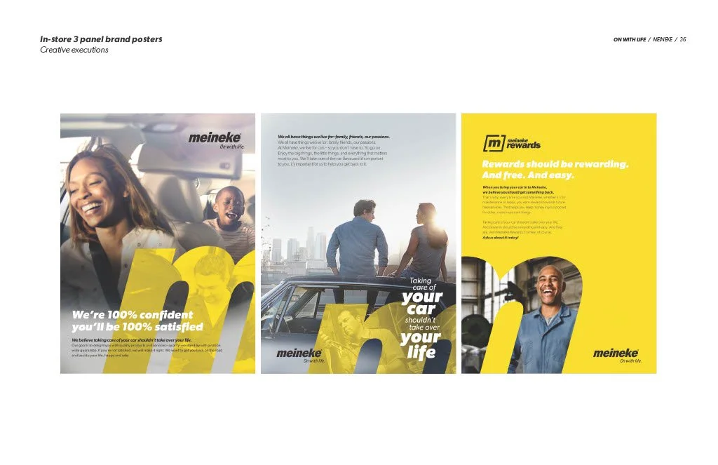 Three in-store brand posters for Meineke featuring happy people, cars, and promotional messages about customer confidence, car care, and rewards.