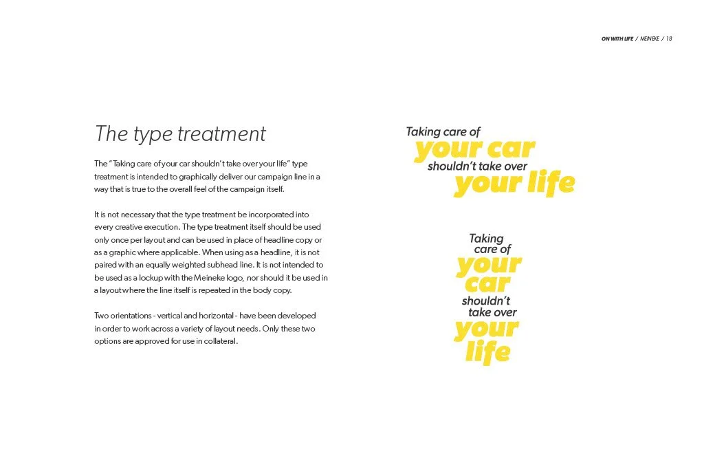 A two-page magazine layout with text and bold yellow text emphasizing 'your car' and 'your life'. The left page contains a paragraph explaining a treatment approach, and the right page features stylized text highlighting the message about taking care