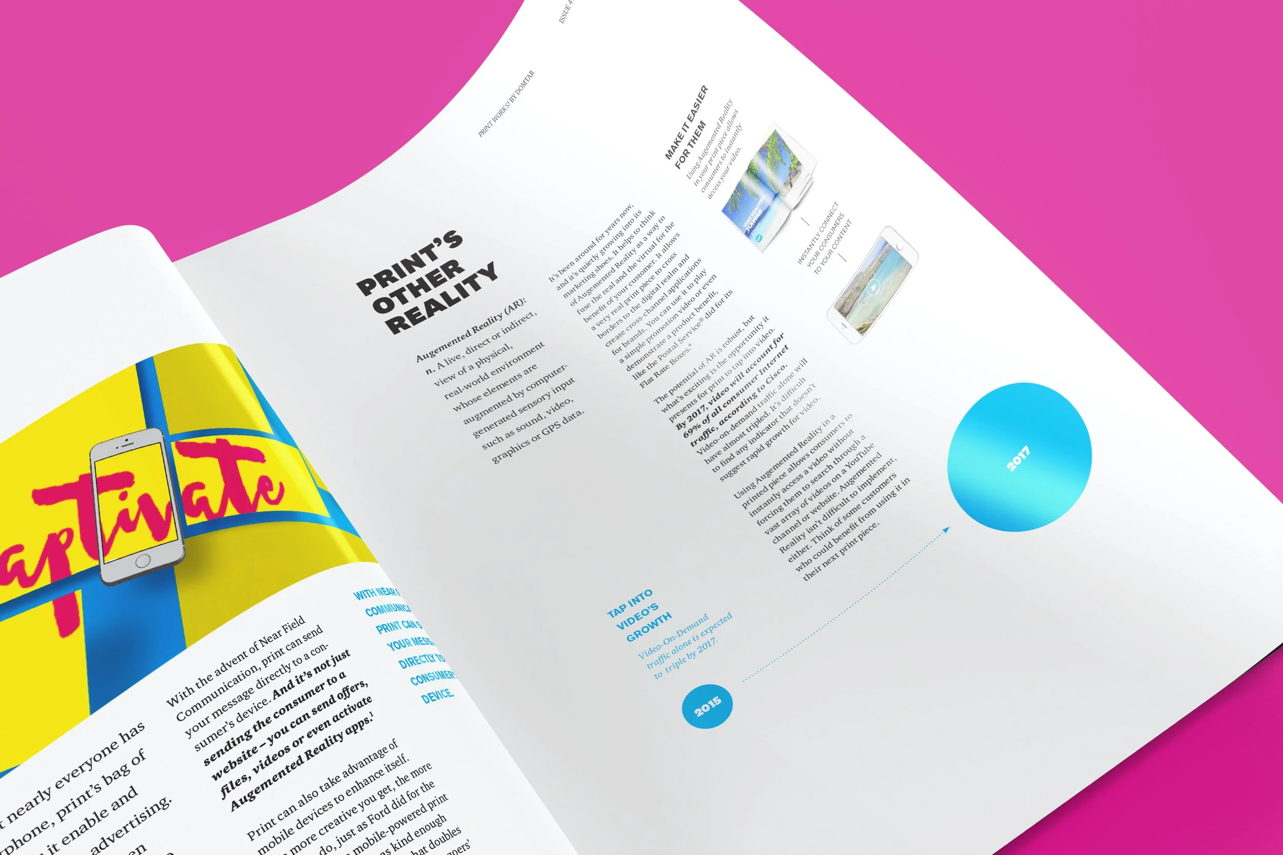 Open magazine showing an article titled 'Print's Other Reality' with graphics, a timeline from 2015 to 2017, and an advertisement with the word 'Vacation' on a yellow background.