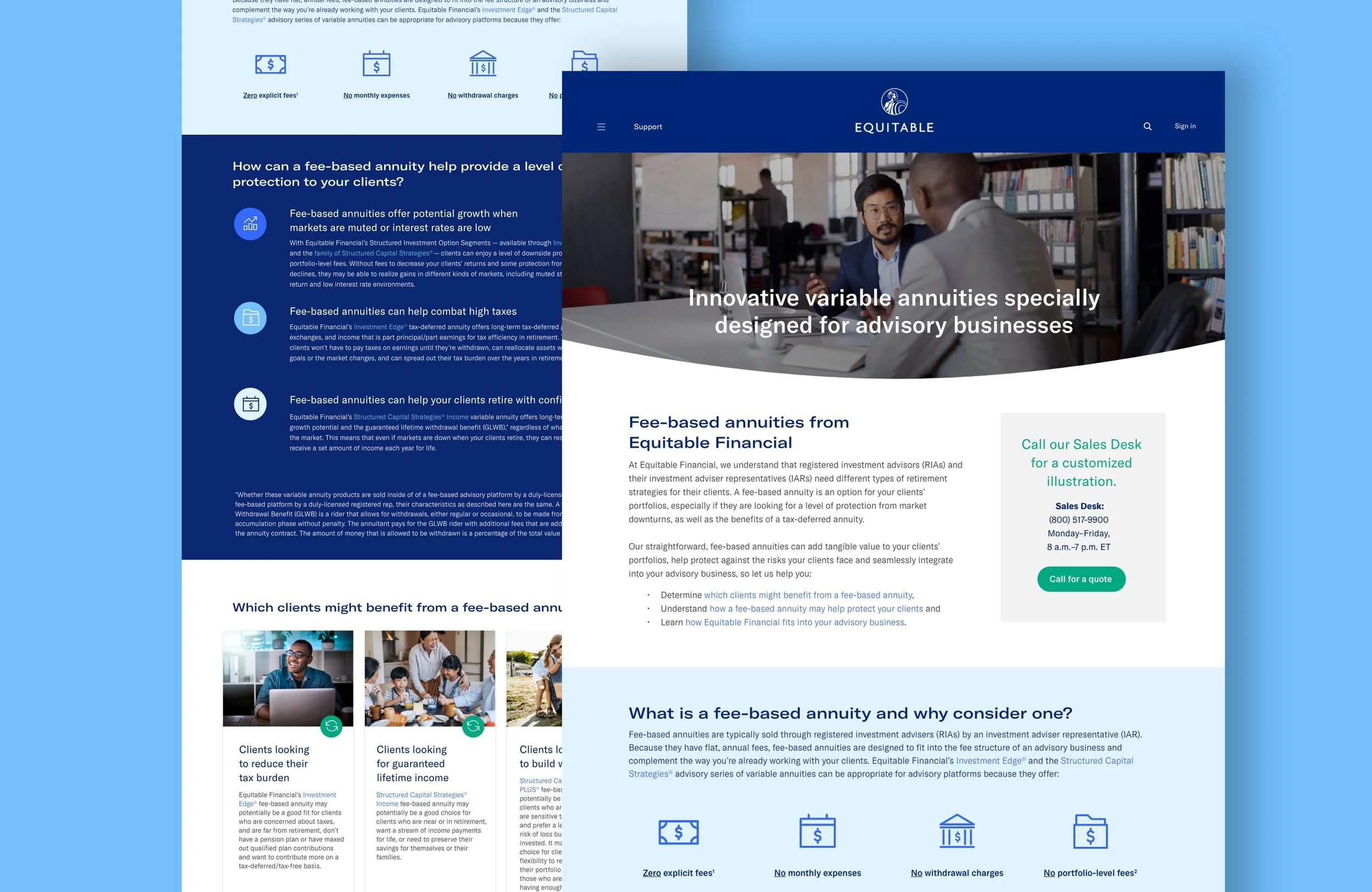 A web page about fee-based annuities from Equitable Financial, featuring an office scene with two men in discussion, and sections explaining benefits and client types.