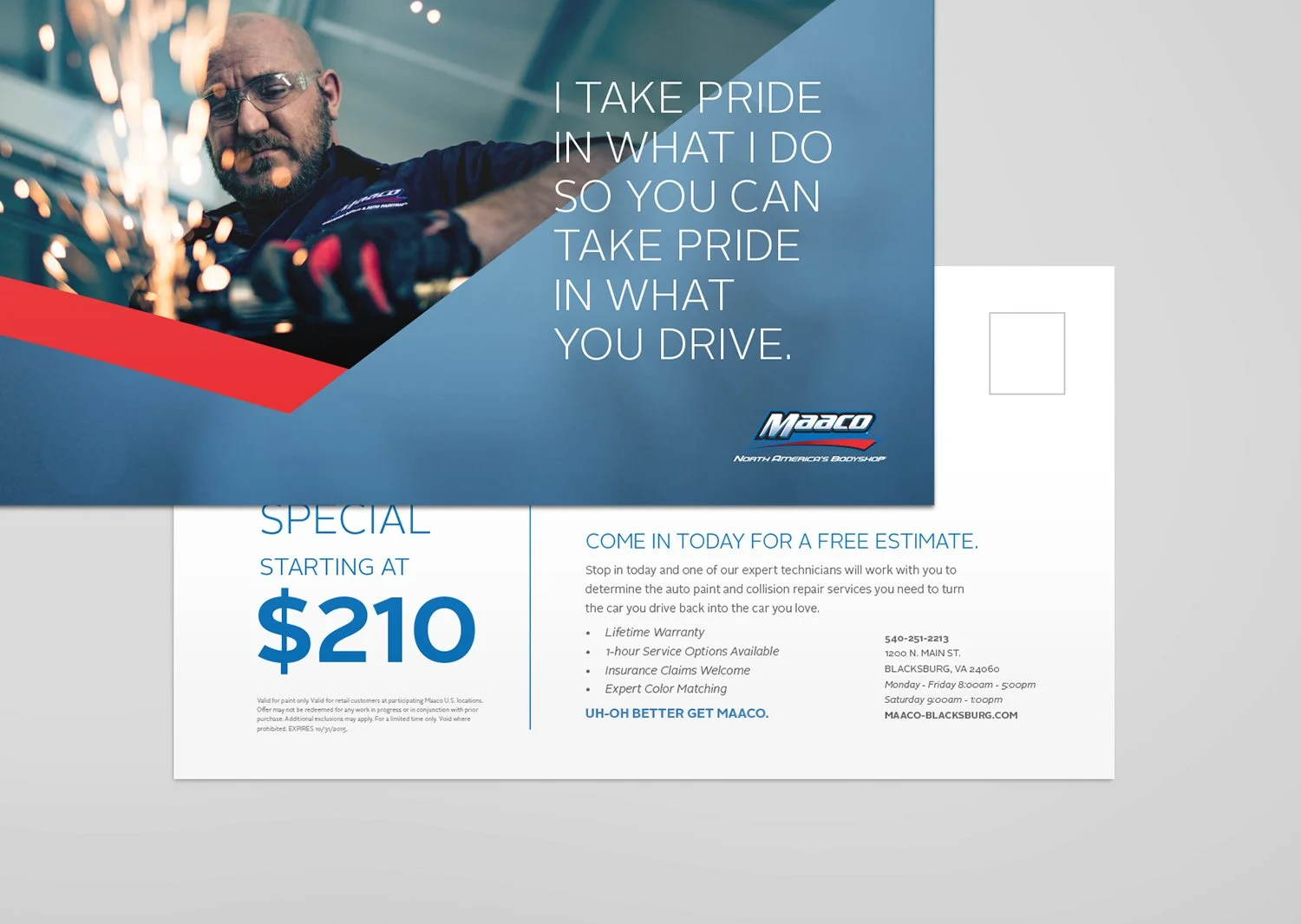Advertisement for Maaco, North America's body shop, with a man welding sparks. The ad features a quote: 'I take pride in what I do so you can take pride in what you drive.' It promotes auto painting and collision repair services starting at $210, wit