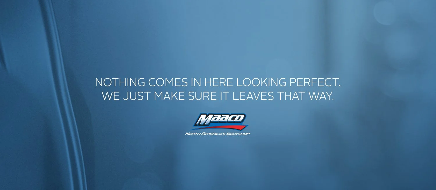 Blue background with white text, blue and red Maaco logo, and smaller text that reads 'North America's Bodyshop'.
