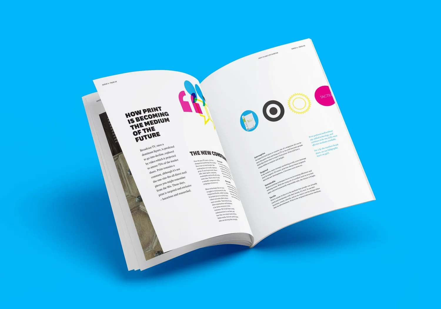 An open magazine with the headline "How Print is Becoming the Medium of the Future" on a bright blue background.