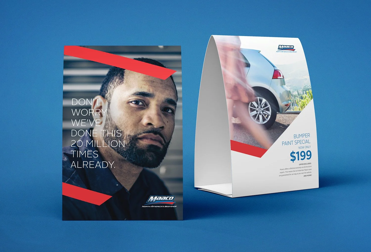 Two promotional display stands, one with a close-up of a man with a serious expression and the other with a blurred image of a person walking past a car, advertising car services and paint special for $199.