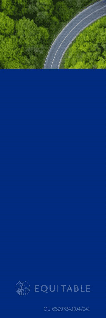An aerial view of a winding road surrounded by dense green trees, with a blue overlay featuring the Equitable logo and some alphanumeric text.