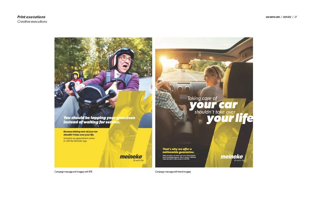 A split-page magazine ad promoting Meineke auto services. The left side shows an elderly woman riding a motorcycle with a younger person behind her. The right side shows a woman and a man driving a car on a road at sunset. The ad emphasizes taking ca