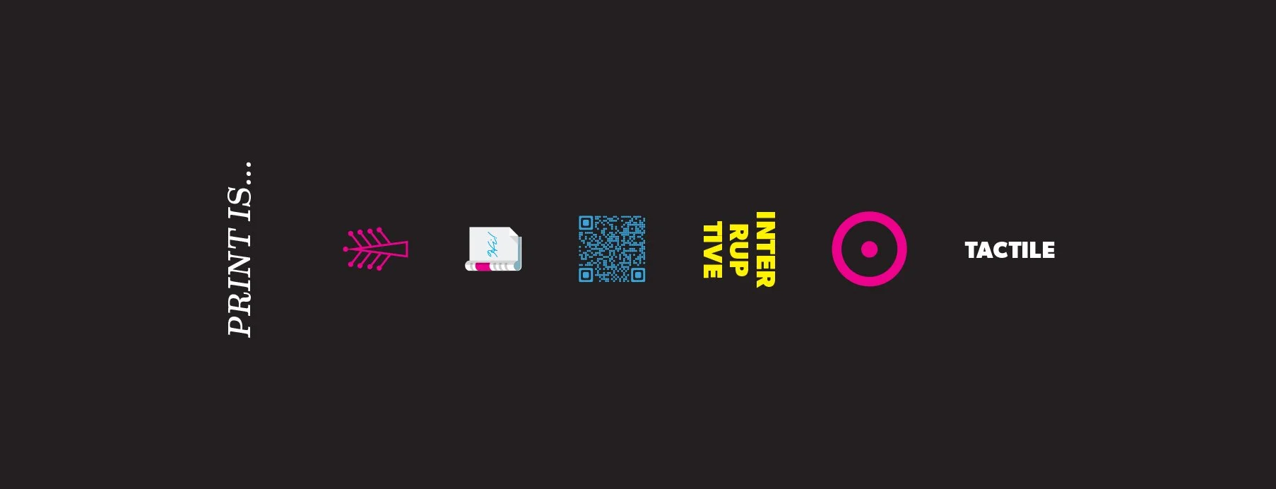 Instructional graphic with step-by-step symbols including a finger pressing, a pencil, a QR code, a target icon, and the word 'TACTILE', each with explanatory text for printing, scanning, and tactile guidance.