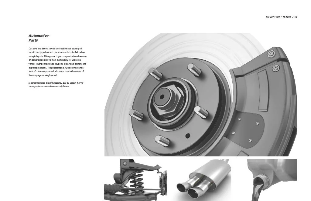 Close-up of a car wheel hub assembly, showing lug bolts and brake components; additional smaller images of suspension parts, exhaust tips, and a fluid container.