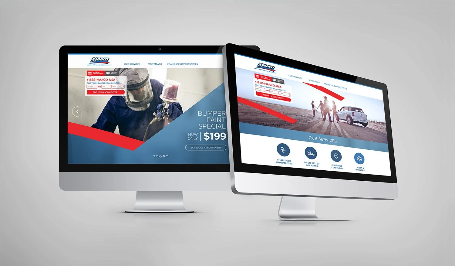 Two computer screens displaying automotive service website with images of people, cars, and service promotions.