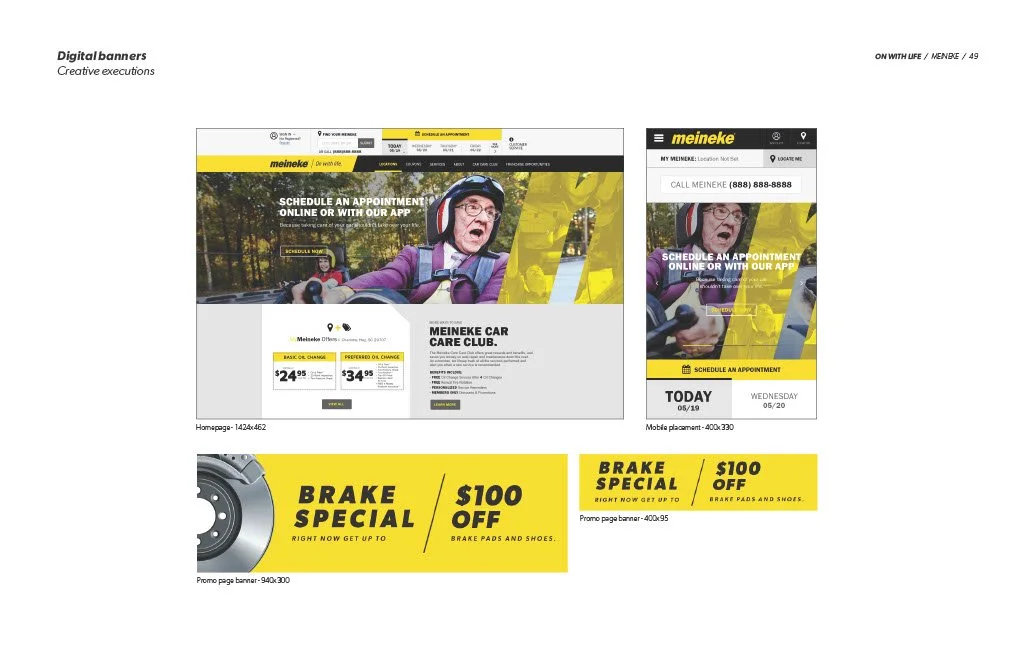 Screenshots of a car care service website and mobile app, featuring a woman on a motorcycle, and a yellow promotion banner for brake specials with a $100 discount.