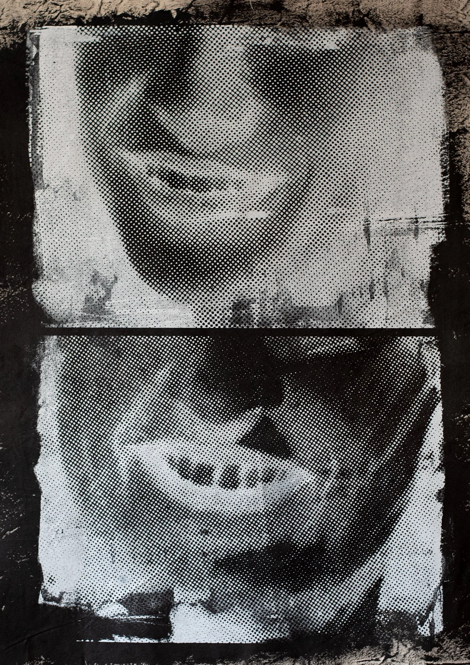 Ayn and I, 2025, Acrylic and silkscreen ink on canvas and linen, 36”x48” (Inverted Brown, Pistachio, Brown on Linen)