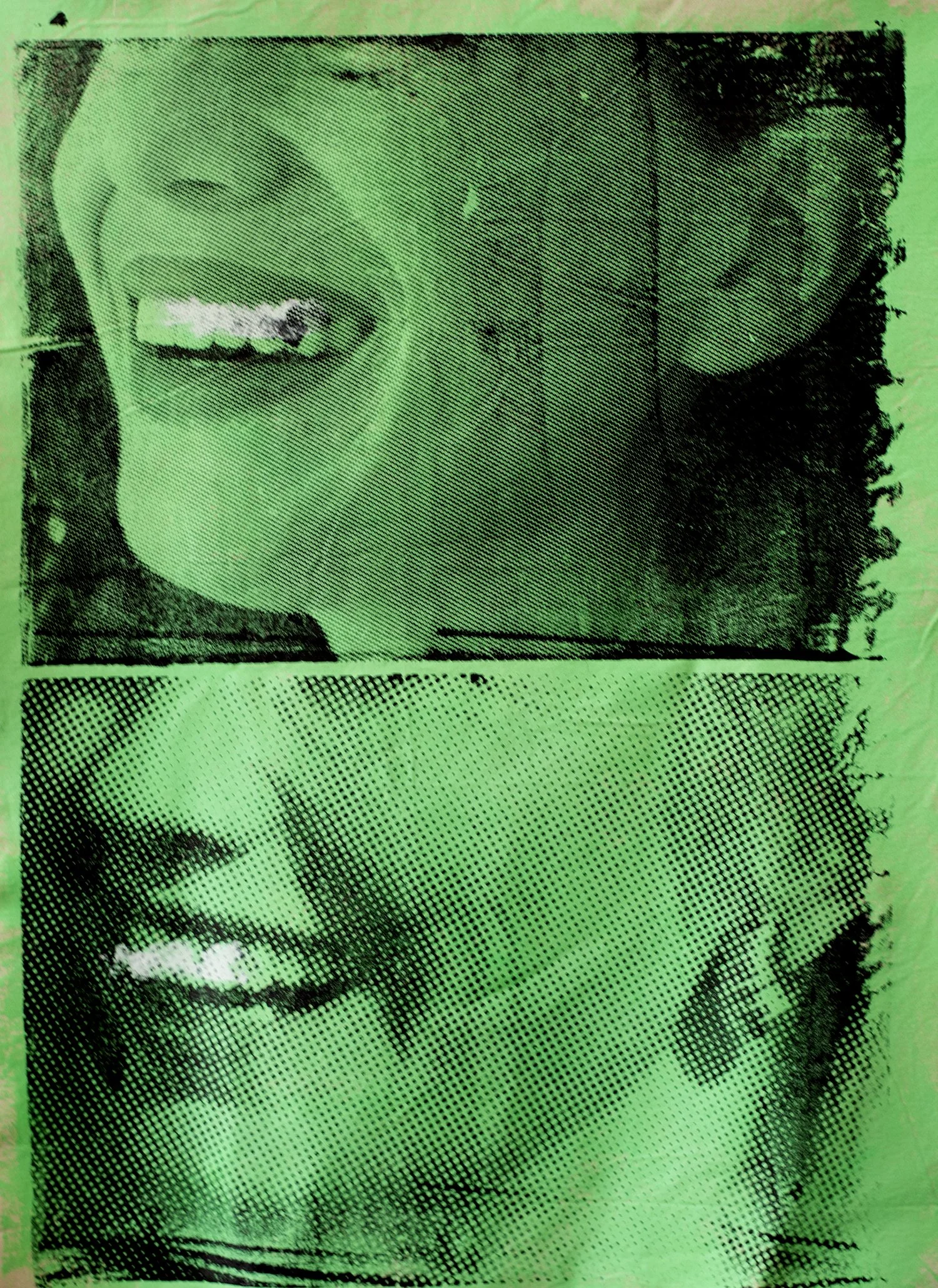 Hillary and I, 2025, Acrylic and silkscreen ink on canvas, 36”x48” (Gold, Pink, Green)