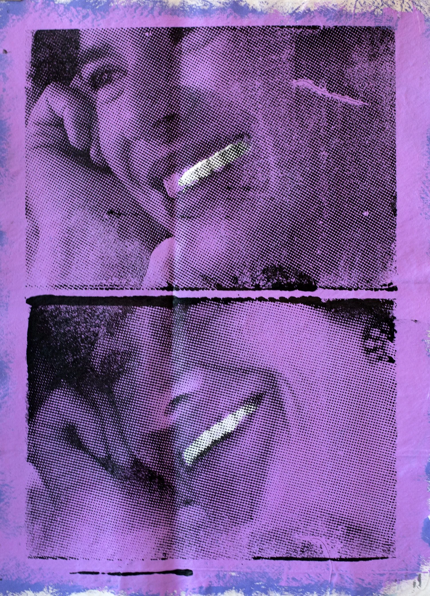 Coco and I, 2025, Acrylic and silkscreen ink on canvas, 36”x48” (purple, beige fabric)