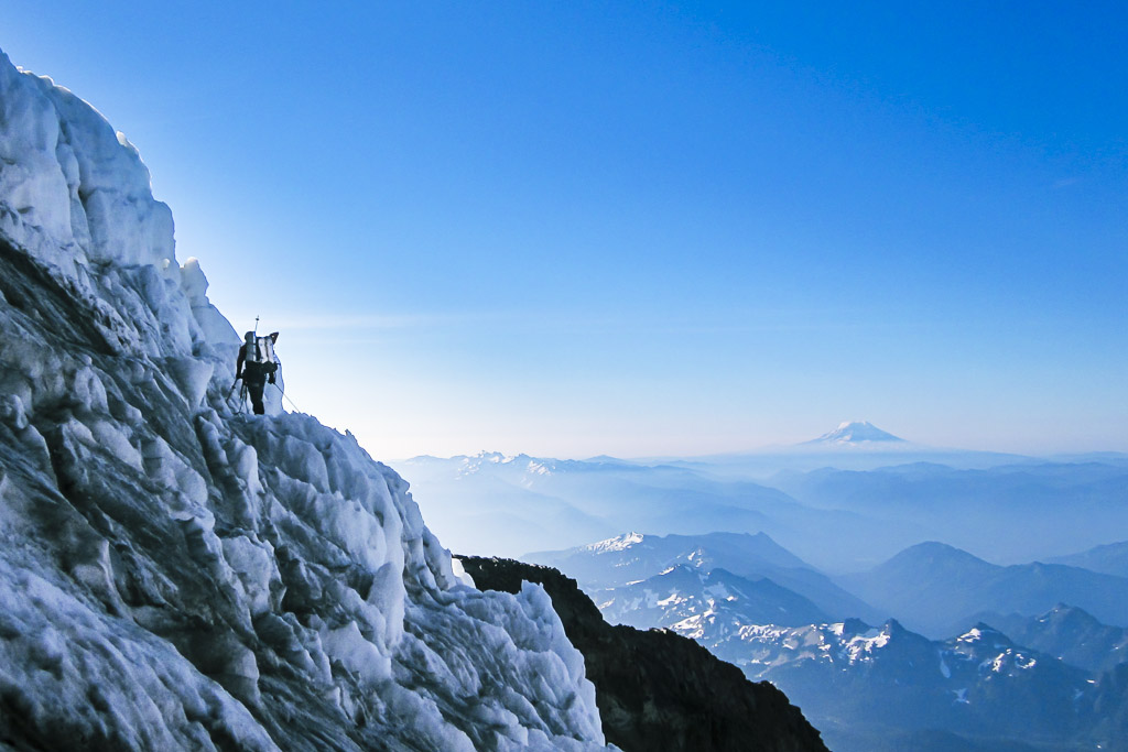 A climber on the Kautz Glacier Route on Mt Rainier, Mount Rainier National Park, Washington