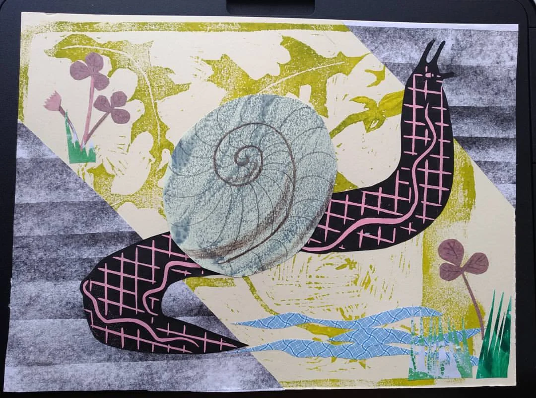Pink snail - a combination of cut paper collage and woodcut prints. Personal experimentation.