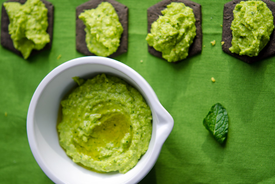 The bread bean hummus looks striking on charcoal biscuits.