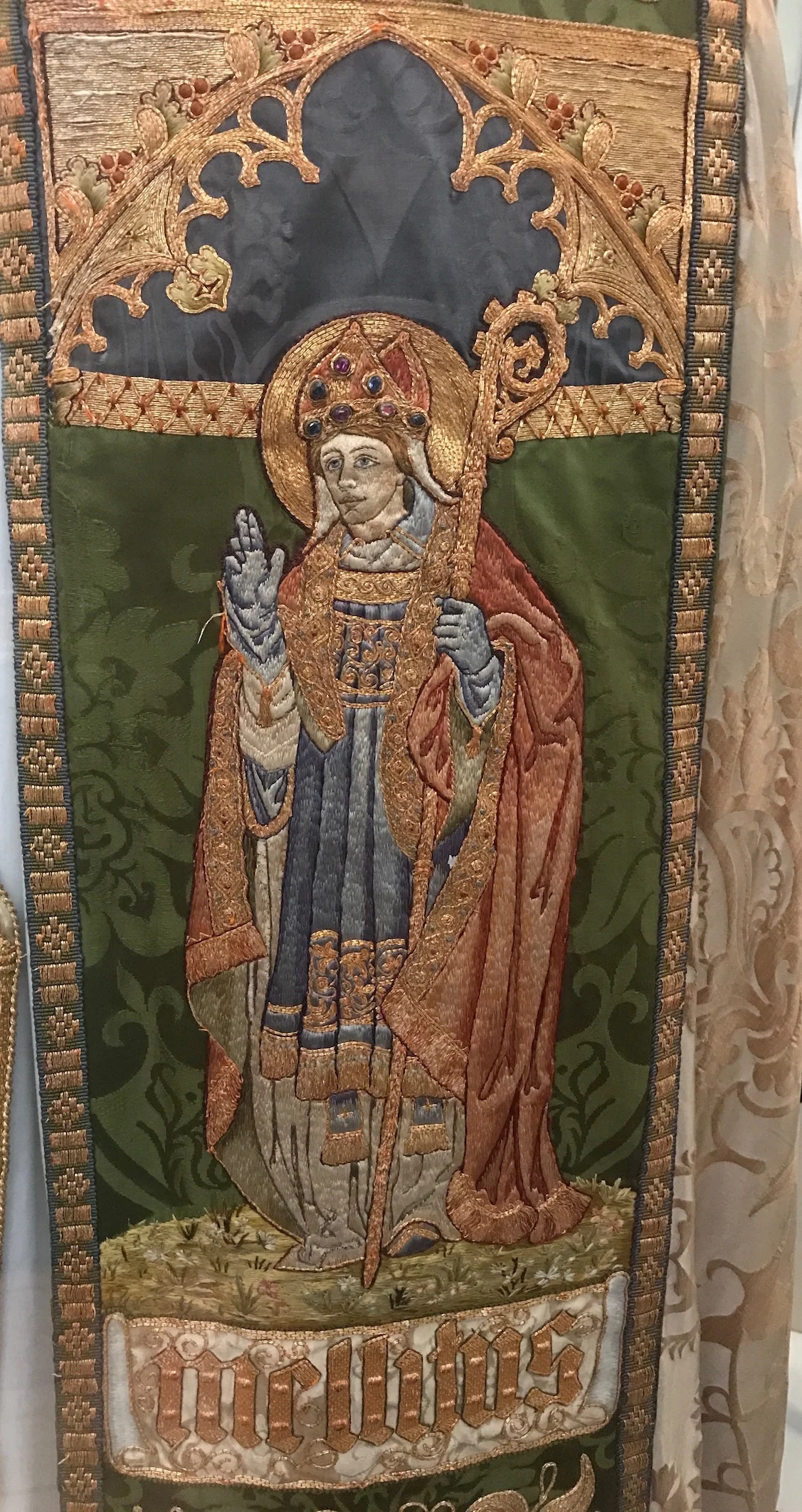 The embroidered image of Bishop Mellitus who was a Bishop of London during the Saxon period
