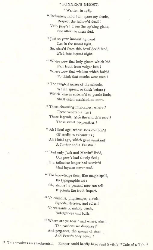 Hannah More's poem Bishop Bonner’s Ghost, (1789)