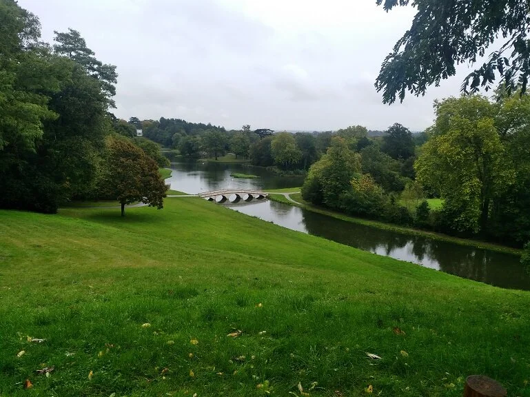 Iconic Painshill view from the Turkish Tent taking in the Arch Bridge and Gothic Temple in the distance