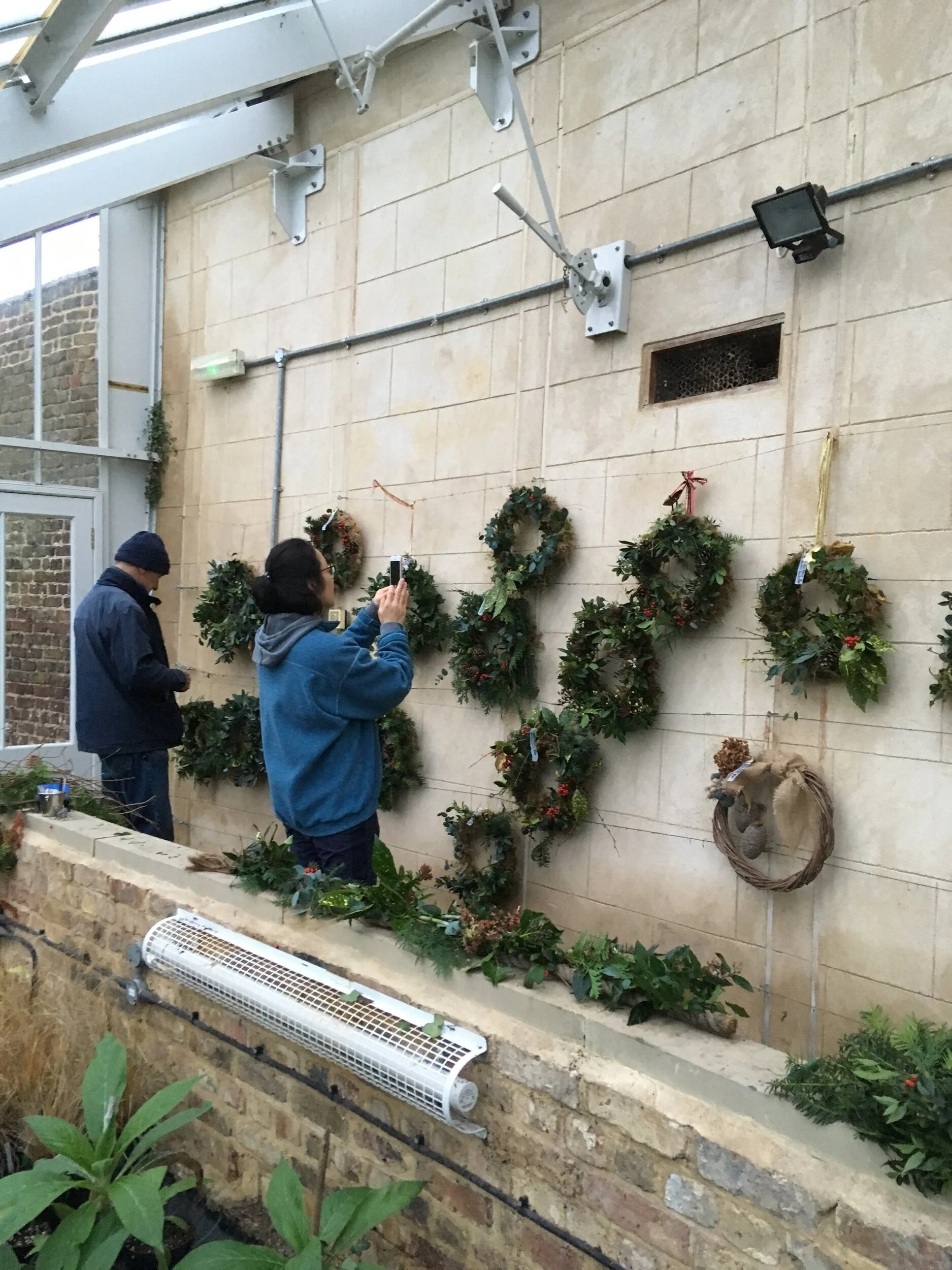 The unique, handmade wreaths hanging in the vinery