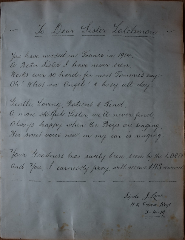 Poem written by patient John ‘Jack’ Low to Sister Latchmore