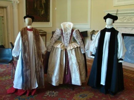 Fulham Palace costumes of Bishop Warham, Elizabeth I and Bishop Bancroft, made for educational use by the specialist company Past Pleasures