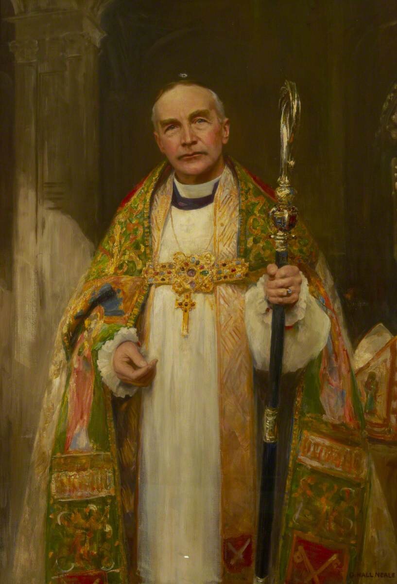 A painting of Bishop Arthur Foley Winnington-Ingram (1858-1946) wearing the cope.George Hall Neale (1863-1946), 1916, oil on canvas, 170.7 x 122 cm, held at Fulham Palace.