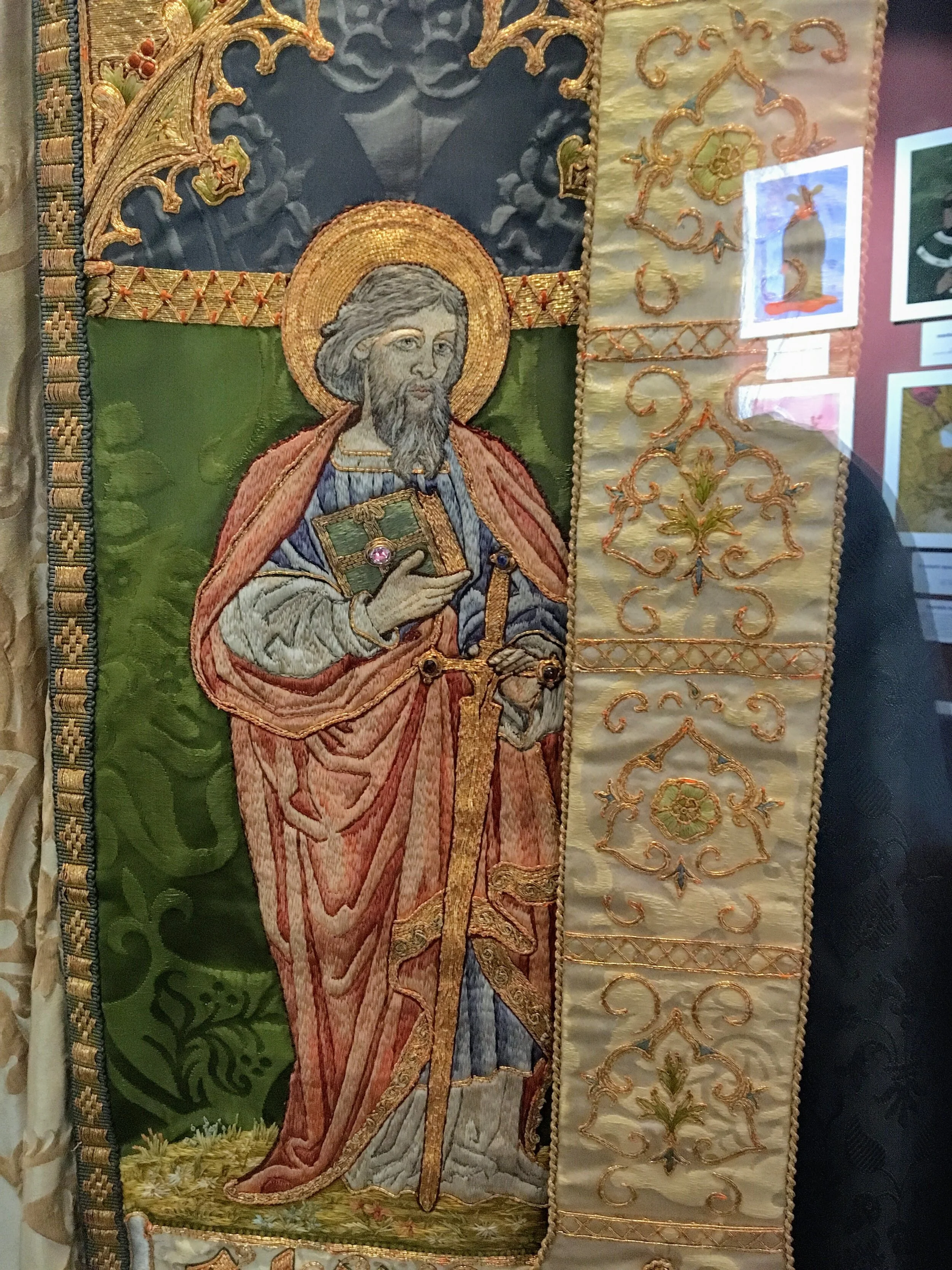 Detail - Saint Paul on the cope. The layers in his robe are described with gradients of tone, unlike the stiff cut of the cope itself.