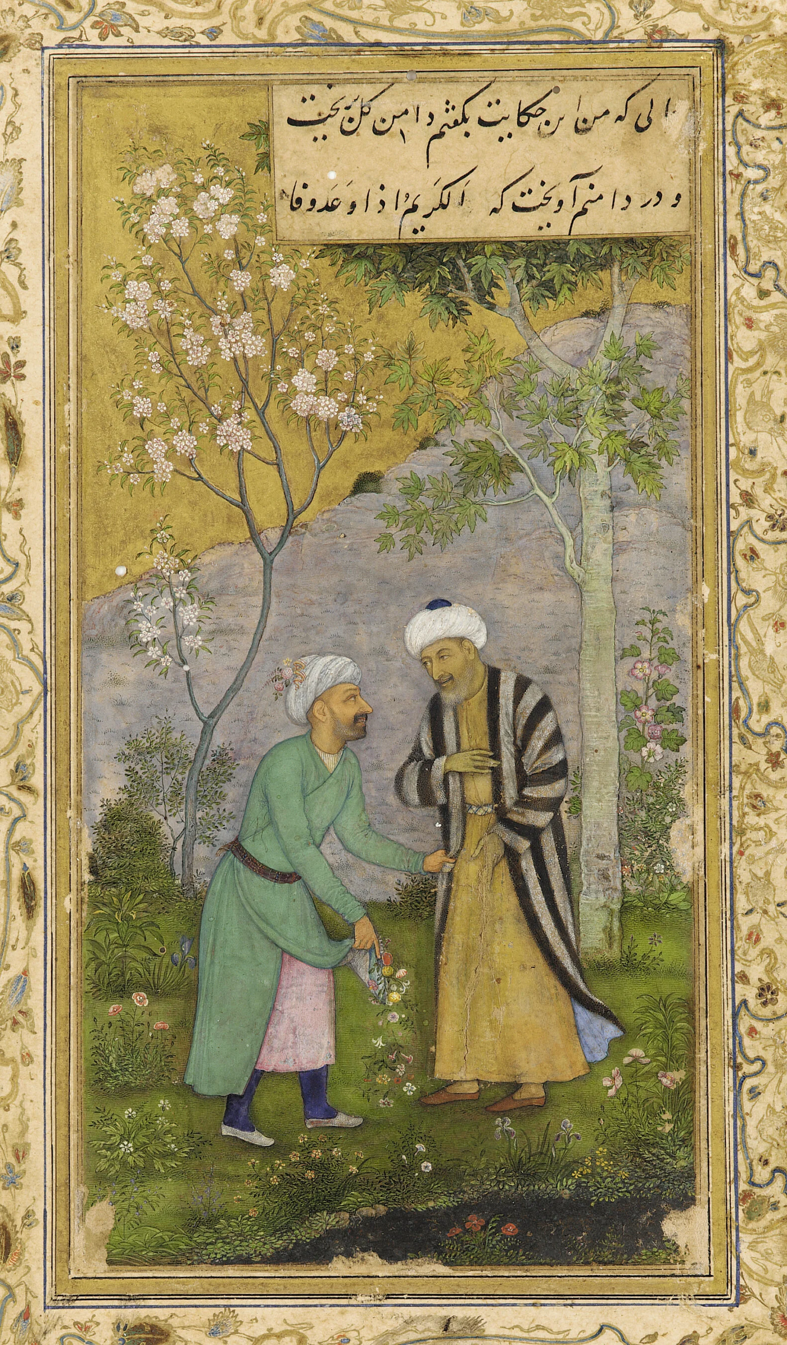 Flowers blooming in an Islamic walled garden. Jasmine and roses were often used to create fragrant, sensory environment for contemplation and rest.Attributed to Govardhan, ‘Sa'di in a Rose garden’, from a manuscript of the Gulistan (Rose garden) by …