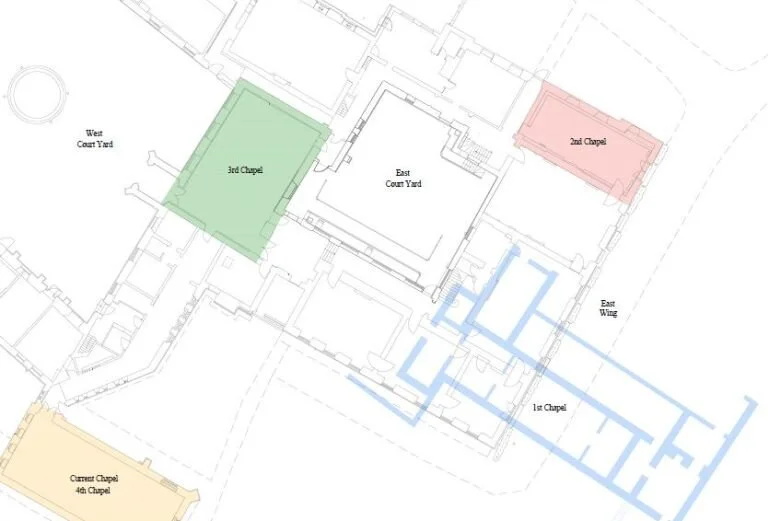 A map of the former chapels of Fulham Palace – you can see where the first chapel is located directly under the café on the main lawn, where the parchmarks appear during dry summers!