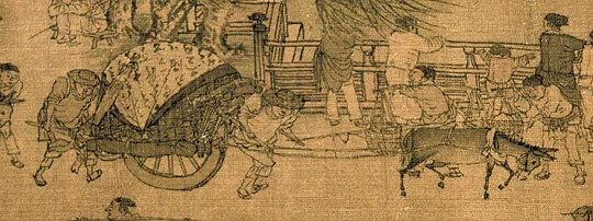 A detail of an early, one-wheeled wheelbarrow. Zhang Zeduan (1085 - 1145), Along the River During Qingming Festival, Northern Song Dynasty (960–1127), ink and colours on silk, 25.5 × 525 cm.