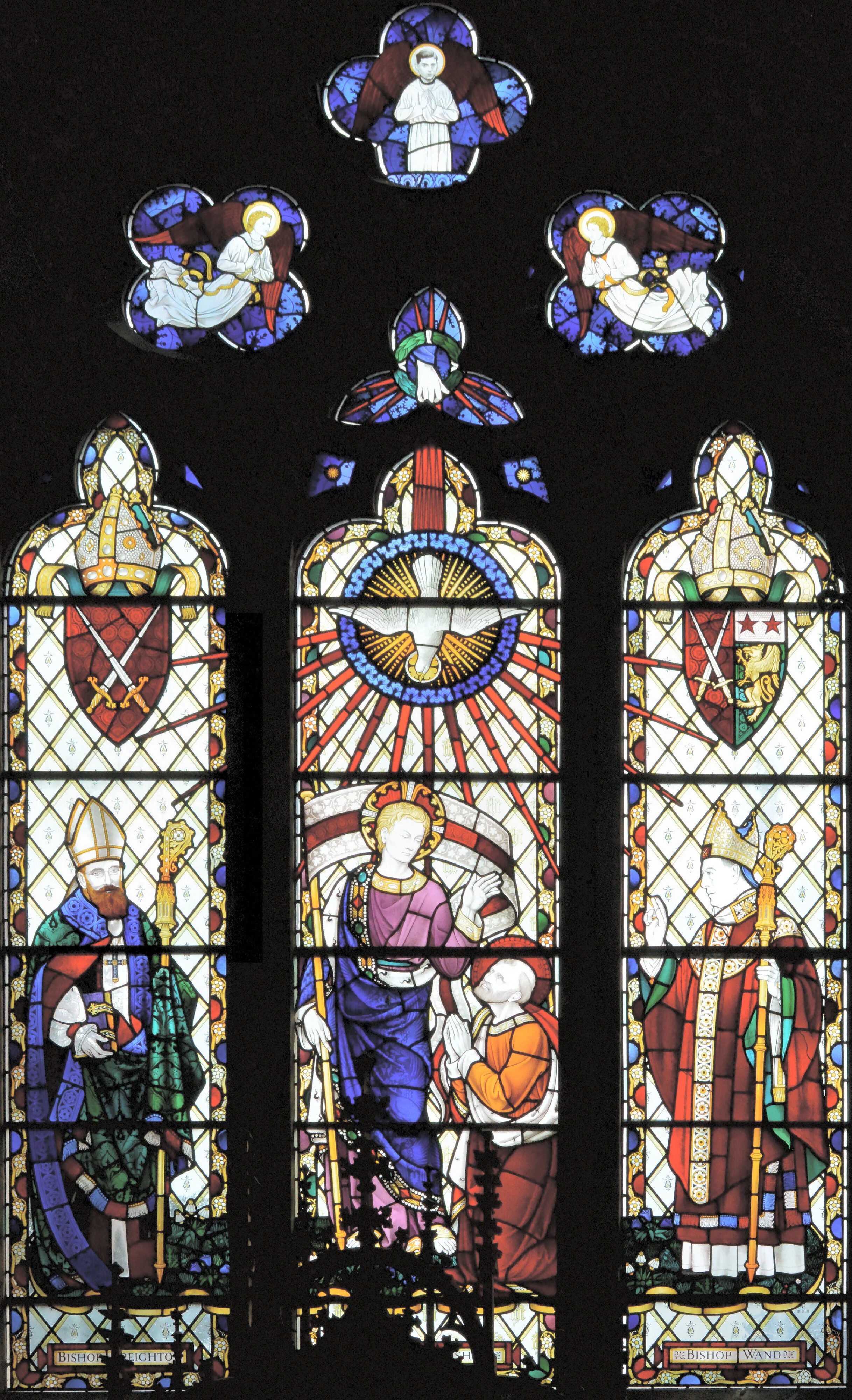 The stained glass window in the Chapel, designed by Ninian Comper. Bishops Creighton (1896 - 1901) and Wand (1945 - 56) are depicted on the left and right, respectively.
