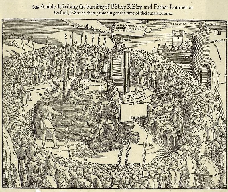 Bishop Nicholas Ridley and Hugh Latimer martyred by being burnt at the stake. John Foxe's book of martyrs. 1563 edition.