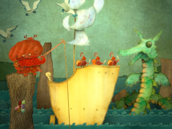 cartoon sailors and sea monster