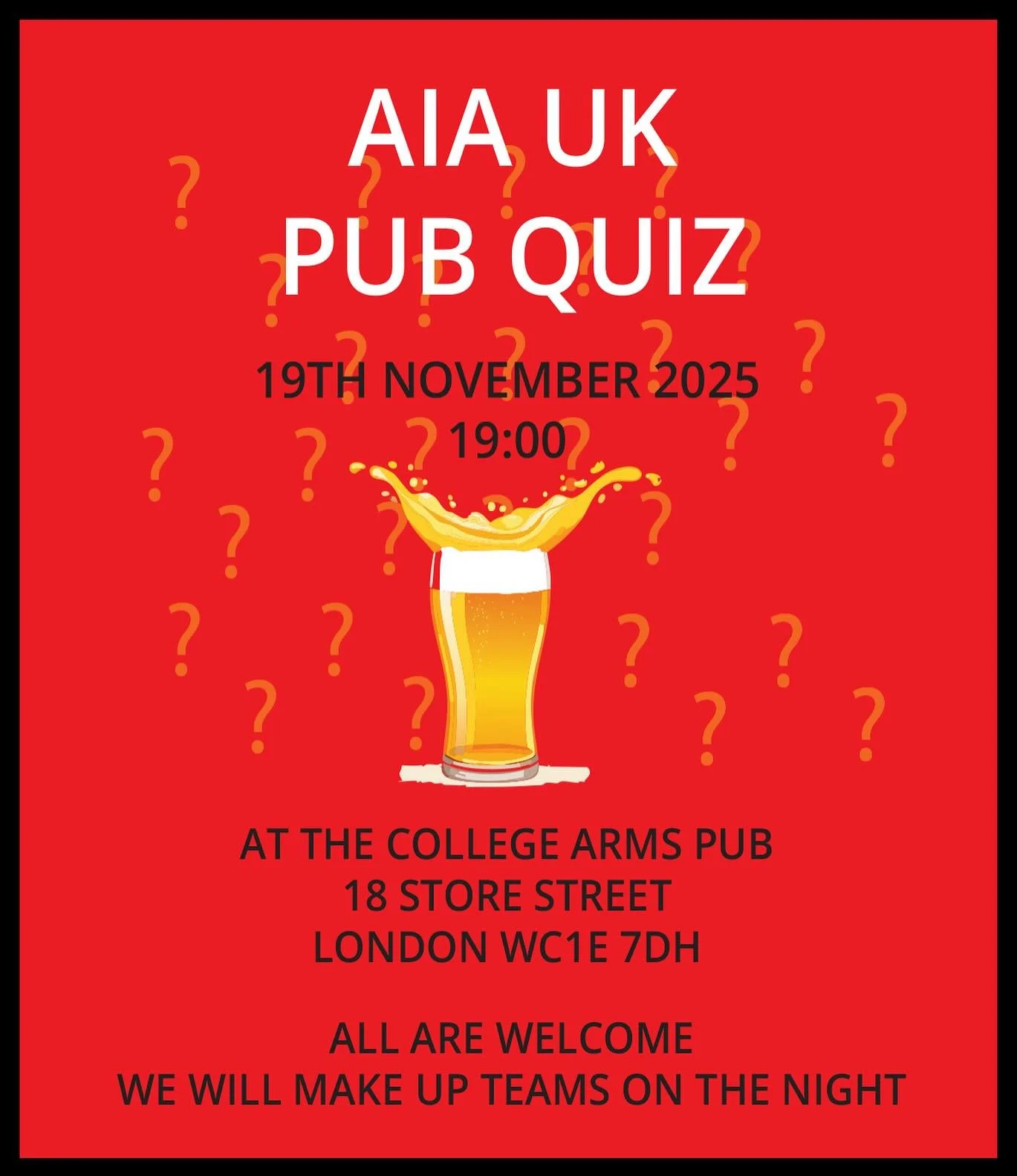 Join AIA UK for a relaxed pub quiz and social evening on Wednesday 19th November! 🧠💡📝❓🏆

📆 When: Wednesday 19 November 2025, 19:00
📍 Where: College Arms, 18 Store St, London WC1E 7DH

⚪️ Click the link in bio sign up today!

Test your knowledge