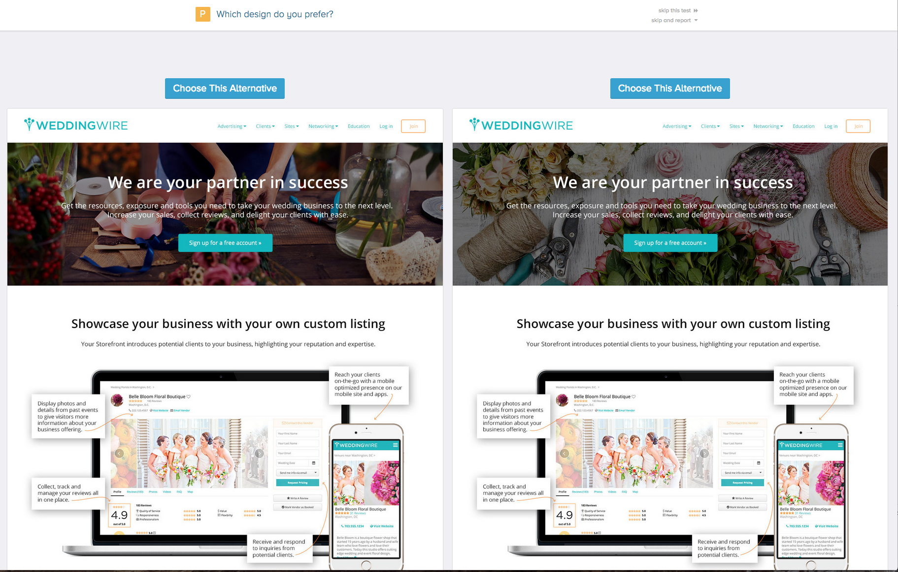 Two versions of a landing page for a wedding website.