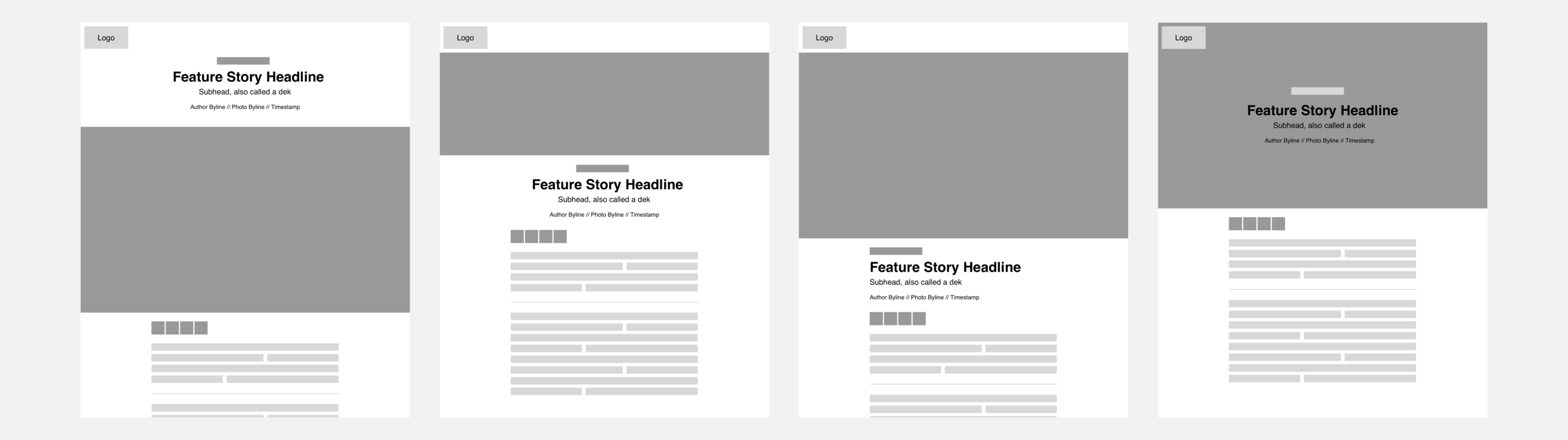 Four configurable layout options from left to right: headline above the main image, headline below a cropped image, headline below the main image, and headline overlaid on the image