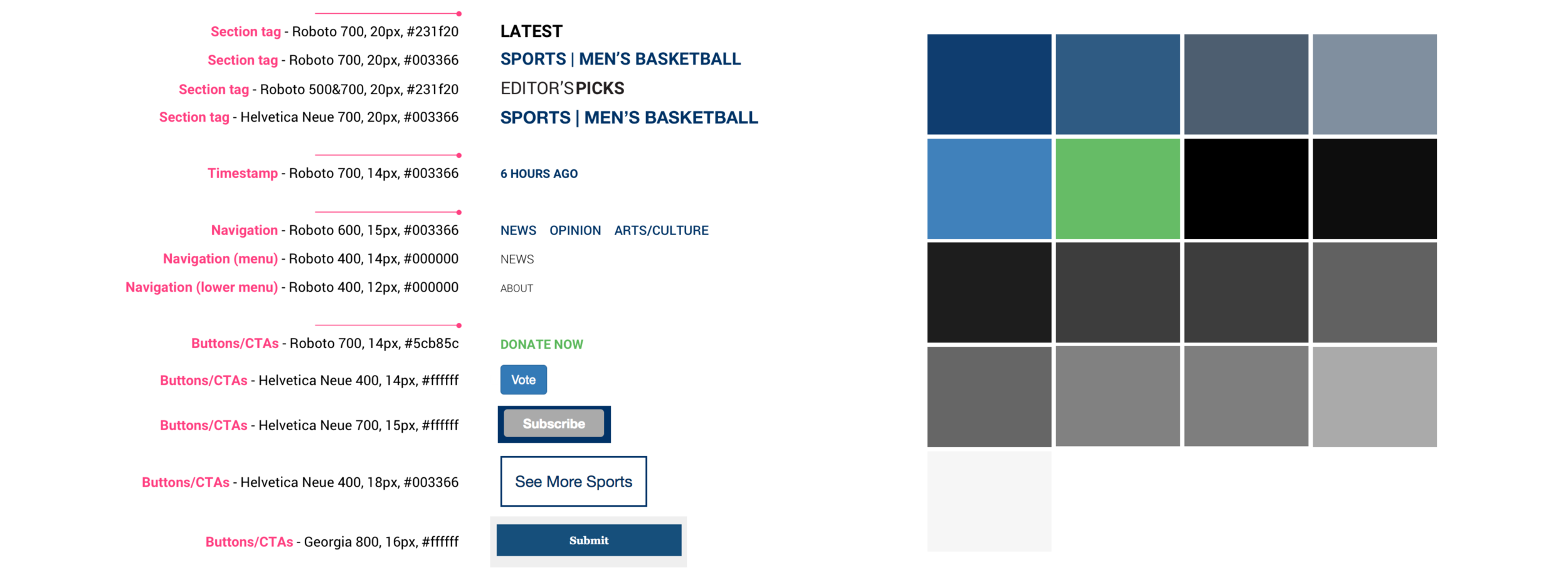 Snapshots from the audit showing, among other things, nearly a dozen different typefaces and shades of grey used across the site