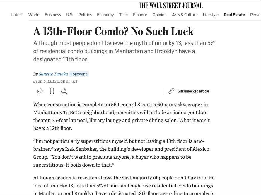 A 13th-Floor Condo? No Such Luck, The Wall Street Journal