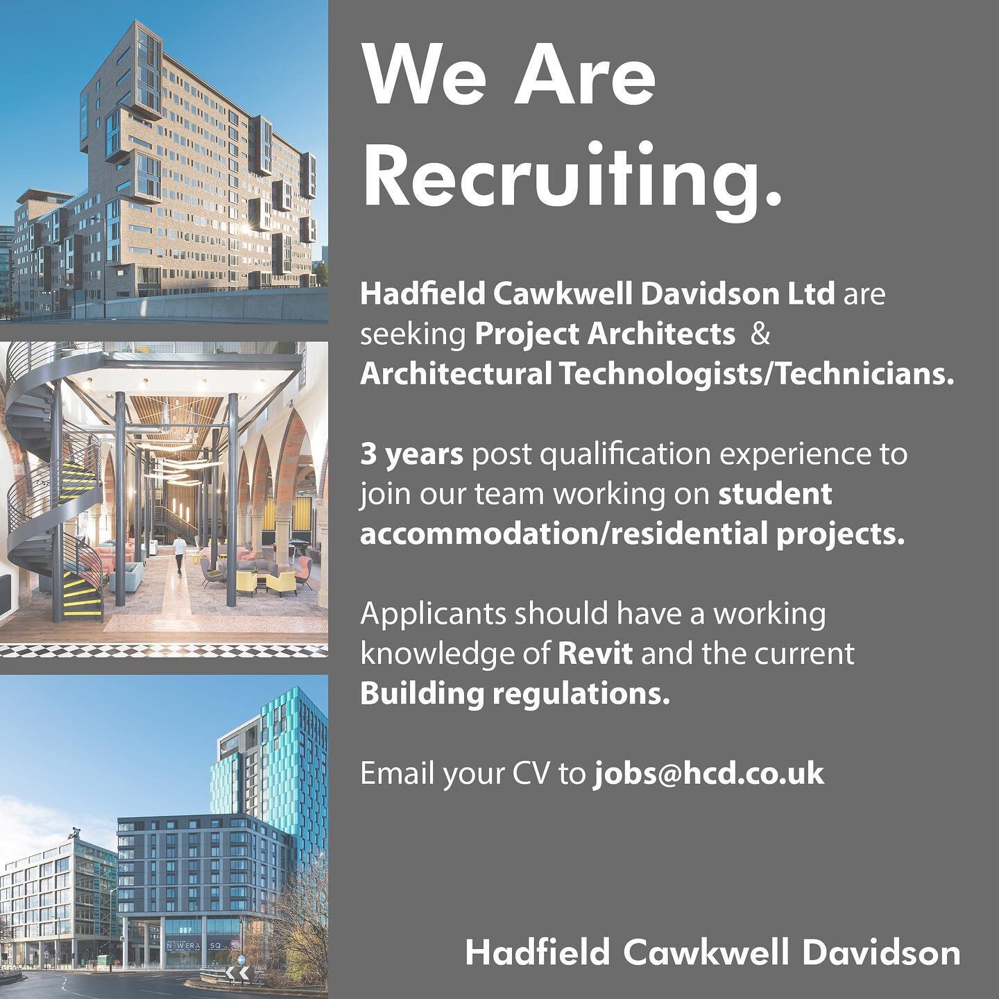 We are looking for Project Architects &amp;&nbsp;Architectural Technicians/Technologists&nbsp;to join our multi-disciplinary professional team in Sheffield working on projects for new build and refurb residential/student accommodation.

Hadfield Cawk