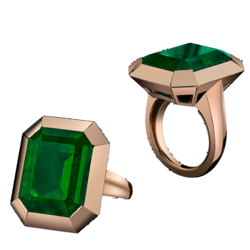 The Colombian Emerald Tablet Ring As emerald is one of Angelina Jolie's favorite gems, this stone was carefully selected and faceted because of its superior quality. The ring is sculpted in 18K rose gold.