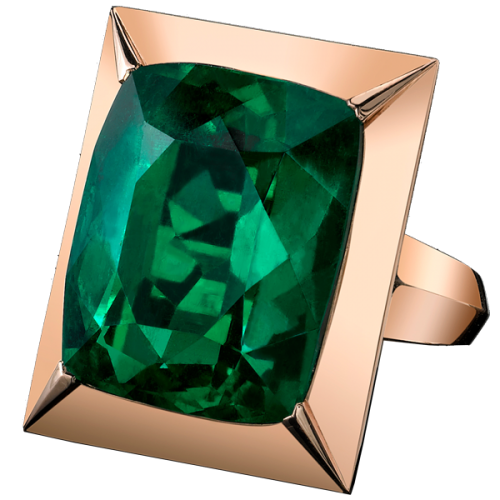 27 Carat Emerald Ring ( My Favorite ) This 27.74 carat vibrant emerald of deep rich green is a remarkable stone of outstanding brilliance discovered in the Kunas mines of Colombia. Faceted in our unique tablet shape, this gem is mounted in our innovative floating edge bezel of stunning rose gold. This is piece unique.