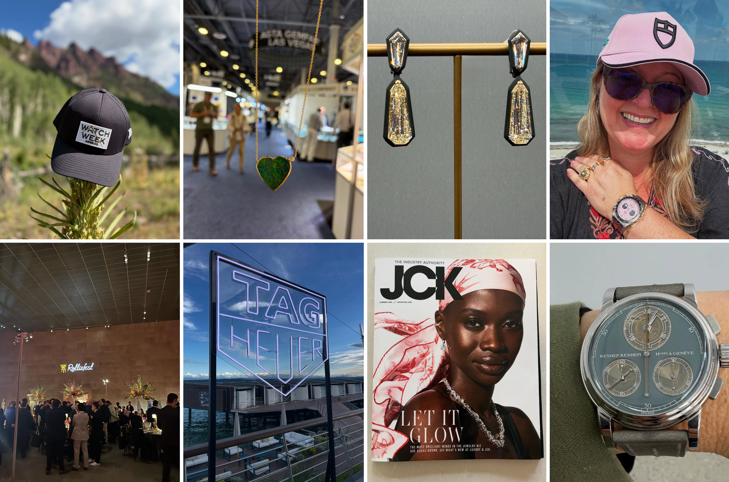 Victoria Gomelsky's collage of images featuring travel, luxury, watches, jewelry, JCK magazine, Tag Heuer, Watch Week in Aspen
