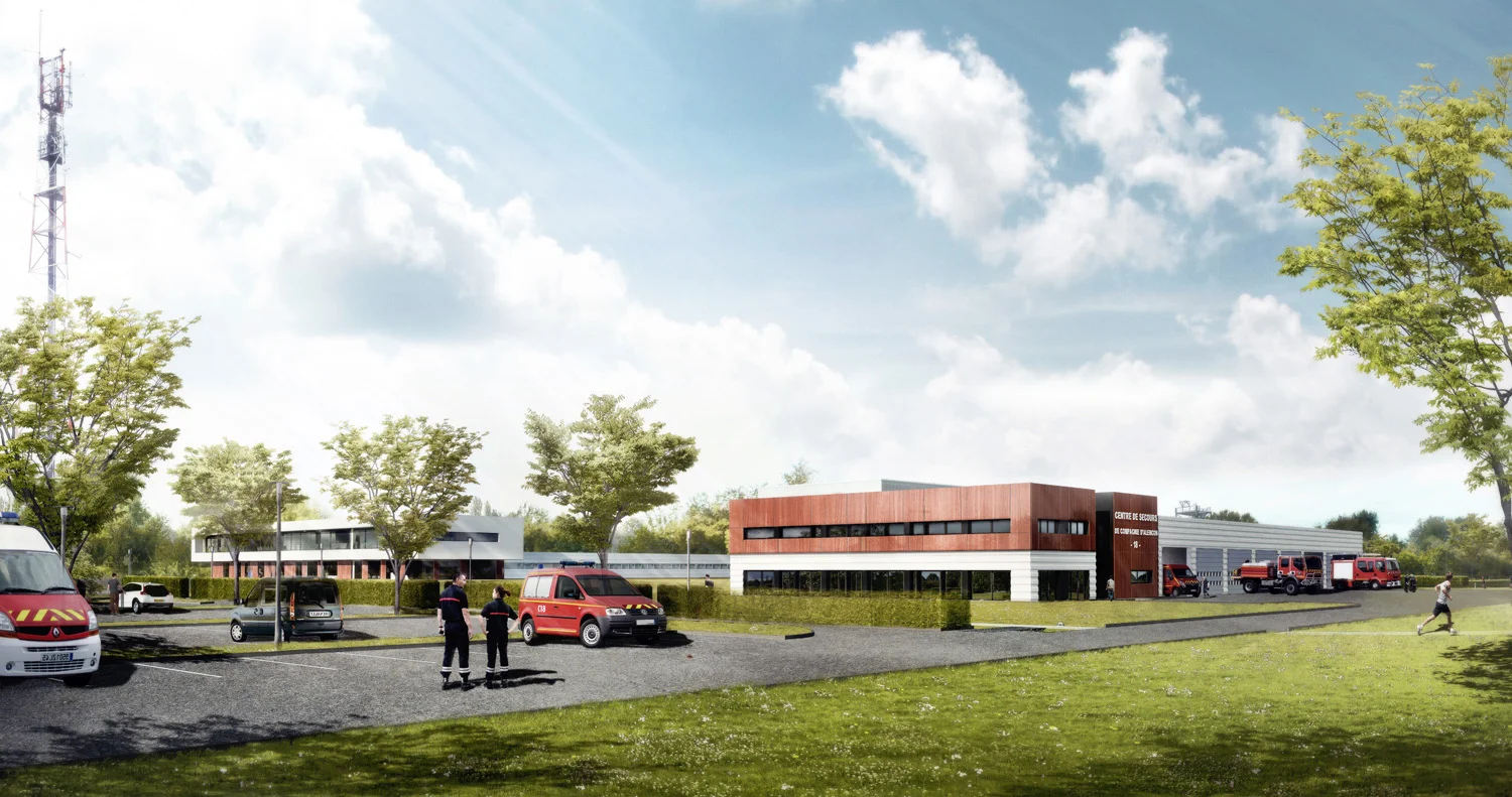 PERSPECTIVE DU CENTRE DE SECOURS ET DU TERRAIN D'ENTRAÎNEMENT SPORTIF