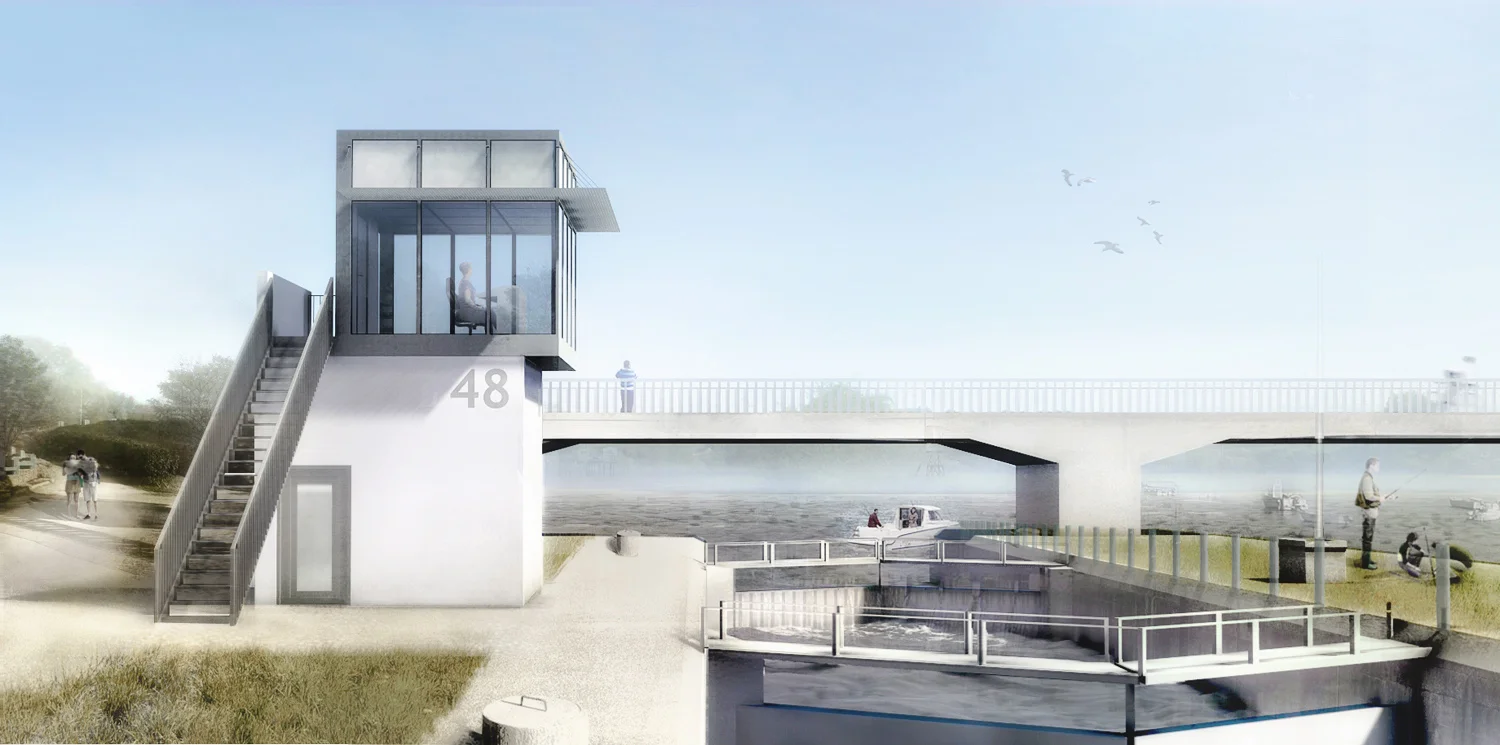 PERSPECTIVE DE LA CABINE D'ÉCLUSE DEPUIS LE QUAI&nbsp;