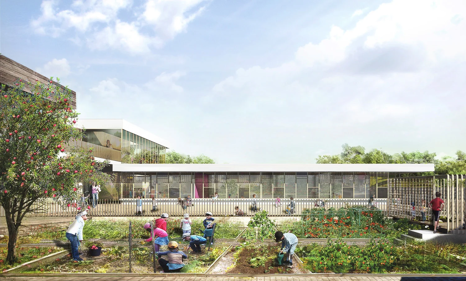 PERSPECTIVE DES SALLES D'ACTIVITÉ ET DU JARDIN PÉDAGOGIQUE